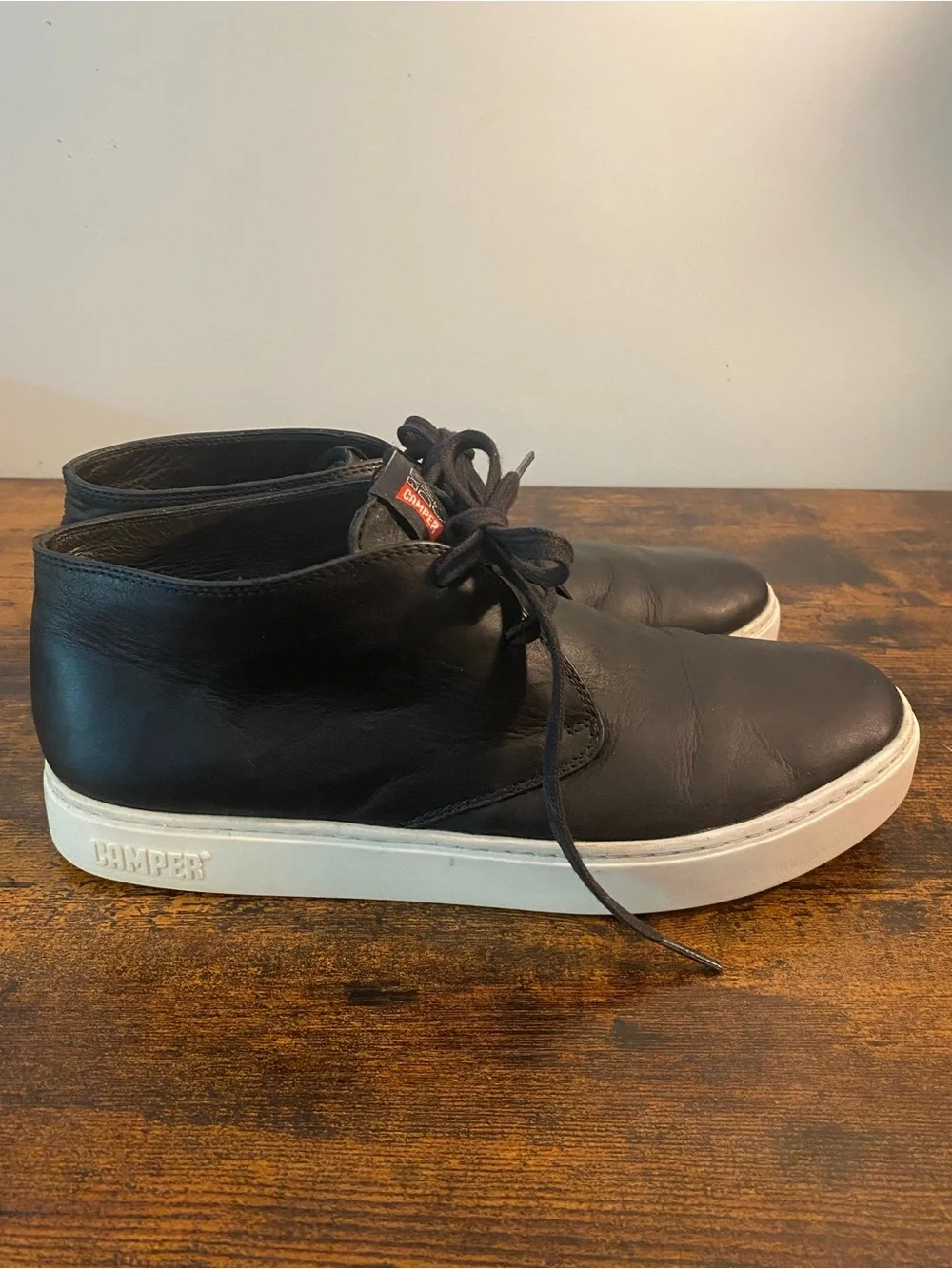 Camper Black Leather Chukka Boots with White Soles